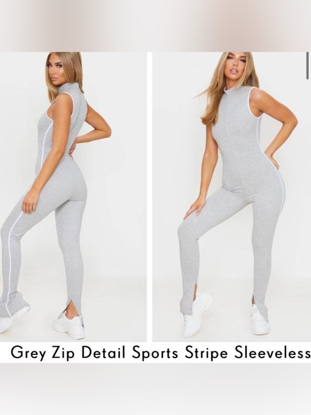 PrettyLittleThing Grey Sleeveless Zip-Detail Ribbed Jumpsuit
